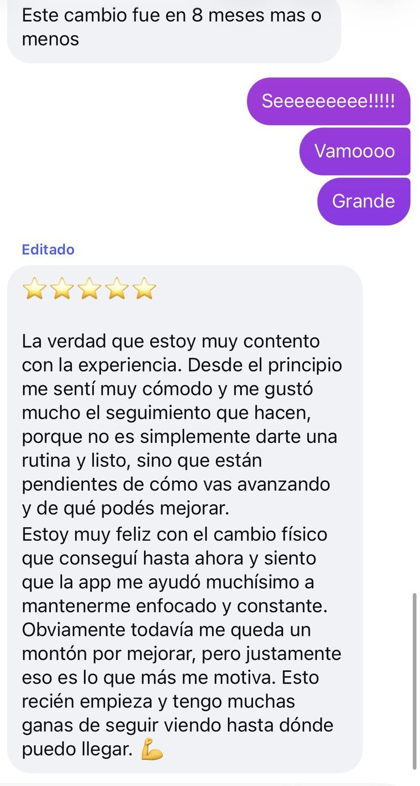Mensaje de Felipe con cinco estrellas: cuenta que se sintió cómodo desde el principio, que le gustó el seguimiento y que la app lo ayudó a mantenerse constante